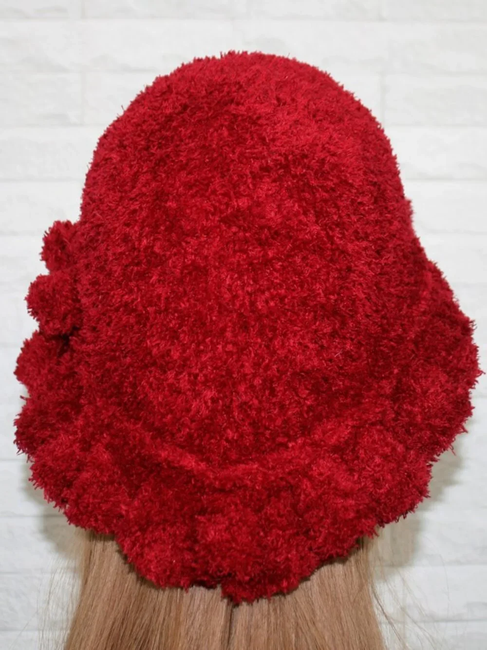 HAND CRAFTED Hat Crochet Bucket Teddy Faux Fur Winter Full Ruffle Red Burgundy